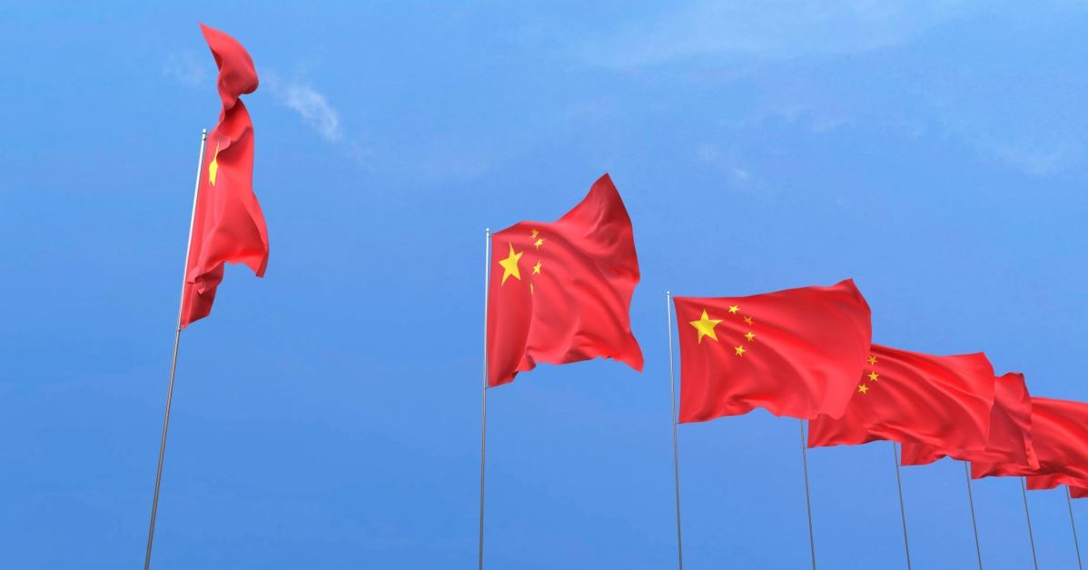 China flags waving in the air.