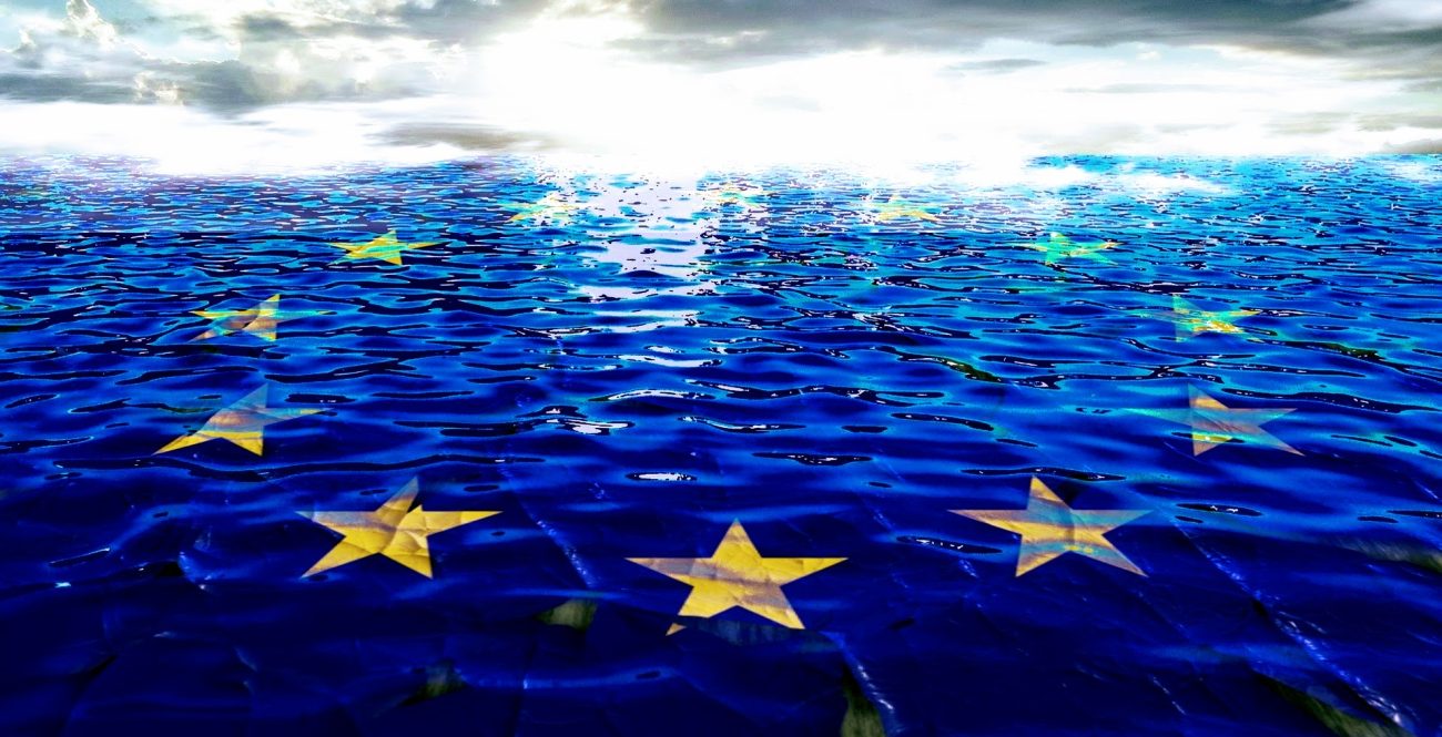 EU flag stars overlaid on a sea surface under a bright sky.
