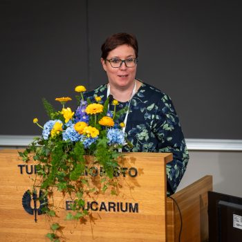 Merja Kyllönen giving speech.