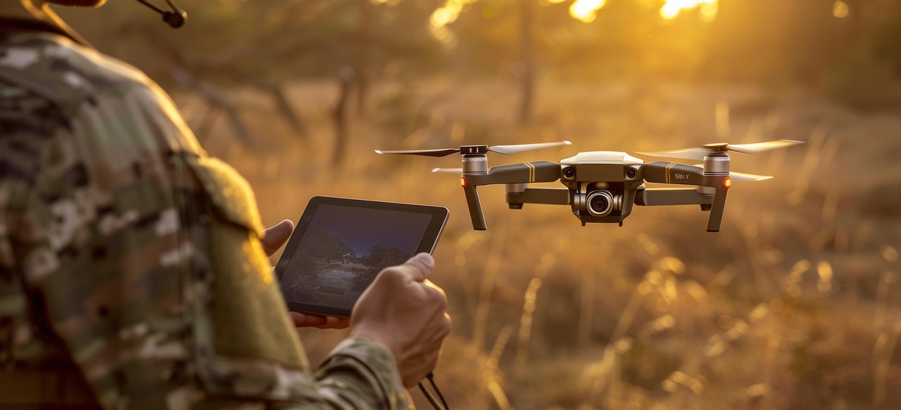 Person operating a drone with a handheld controller in a field.