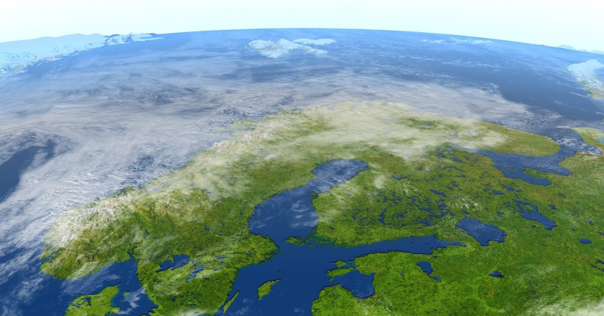 An aerial view of Scandinavian peninsula.