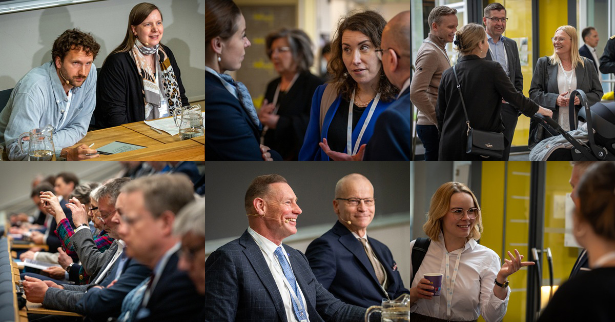 Photo collage of people in the Forum. Panel participants, audience and people having a coffee break.