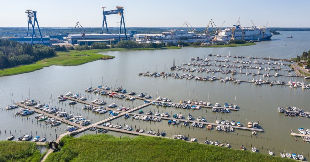Aerial view of Raisio Marina and Meyer Turku Shipyard in summer