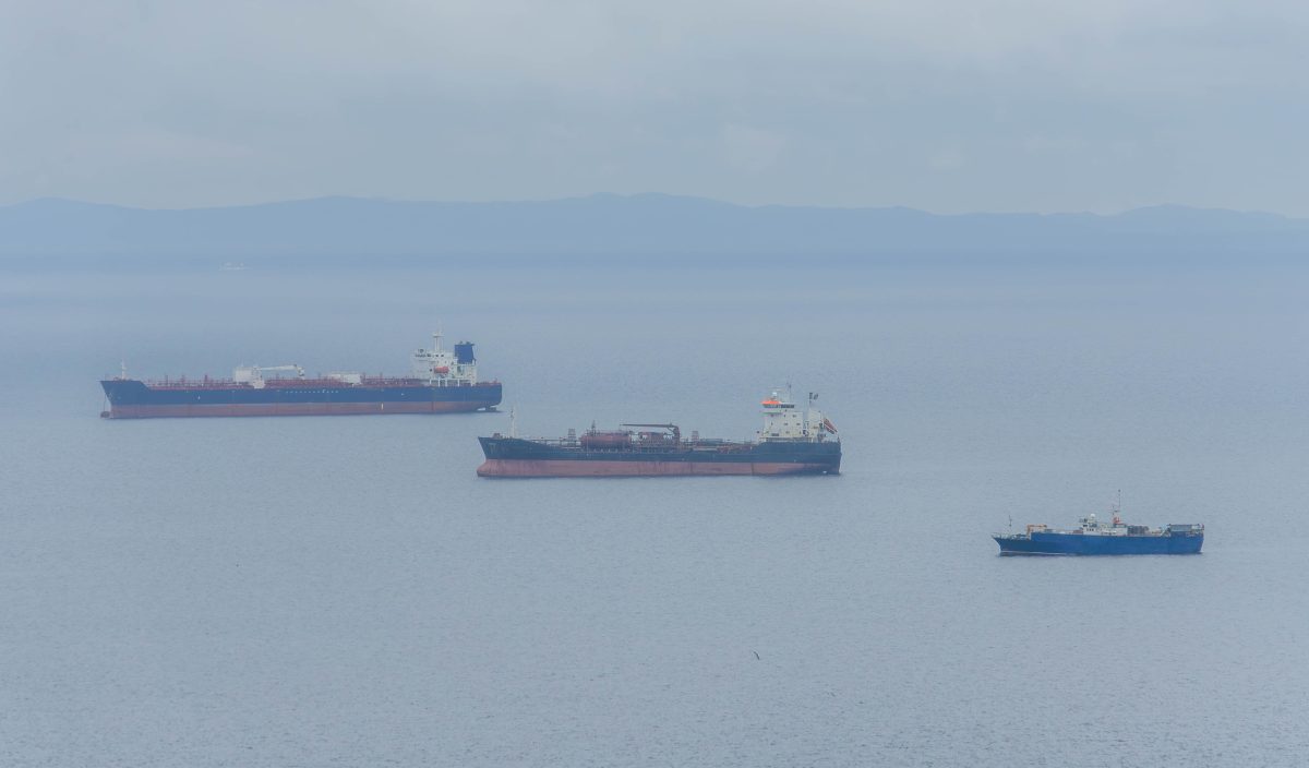 Large cargo ships anchored in Ussuri Bay, Vladivostok, Russian Far East, with calm sea and distant hills under overcast daylight.