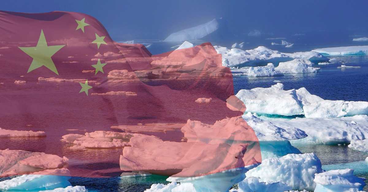 The Chinese flag with an Arctic seascape in the background