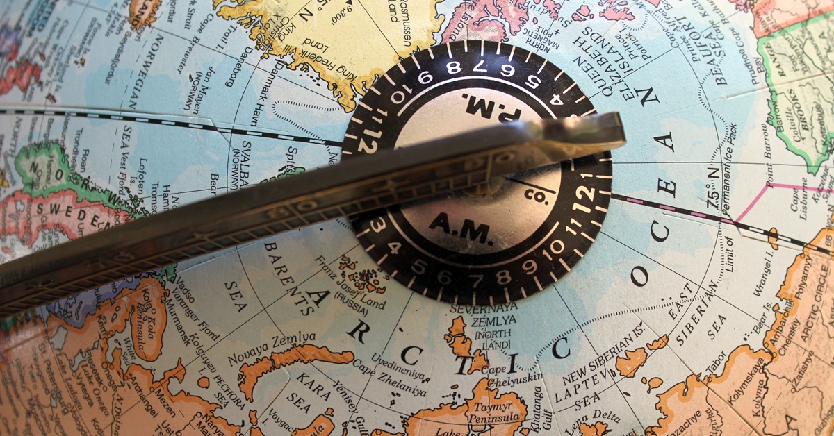 The Arctic Ocean region on a globe.