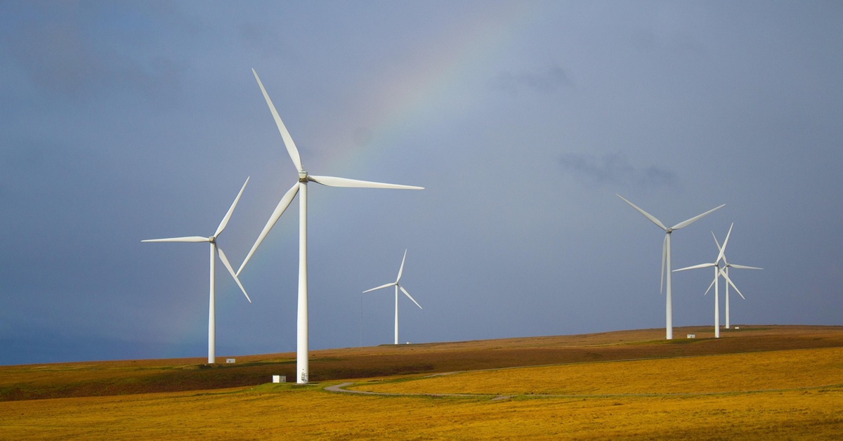 Windmills on a yellow field with a rainbow on the background