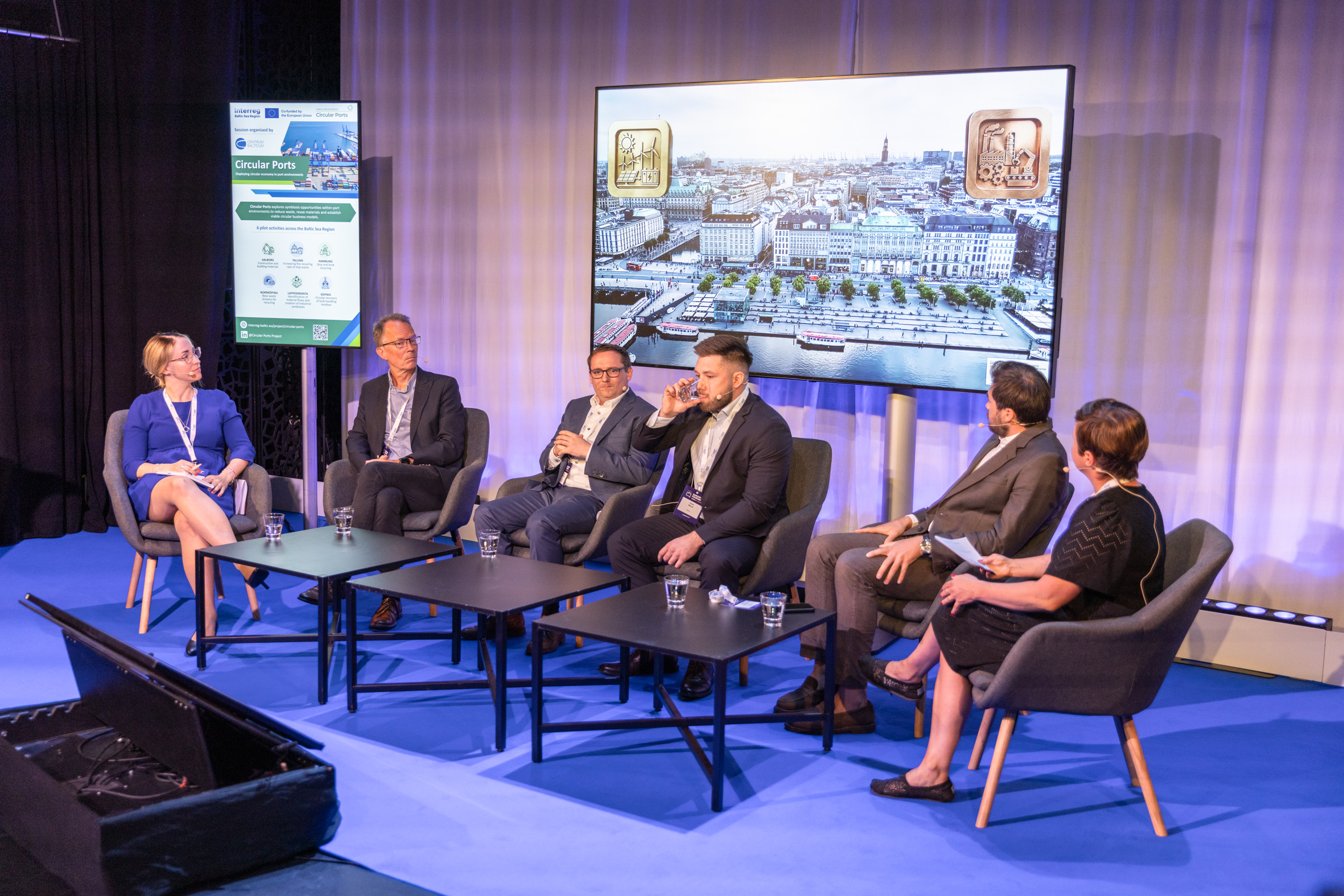 Speakers of the event “Harbours of Change: Circular Economy in Baltic Sea Ports” on stage at Europe Forum 2026