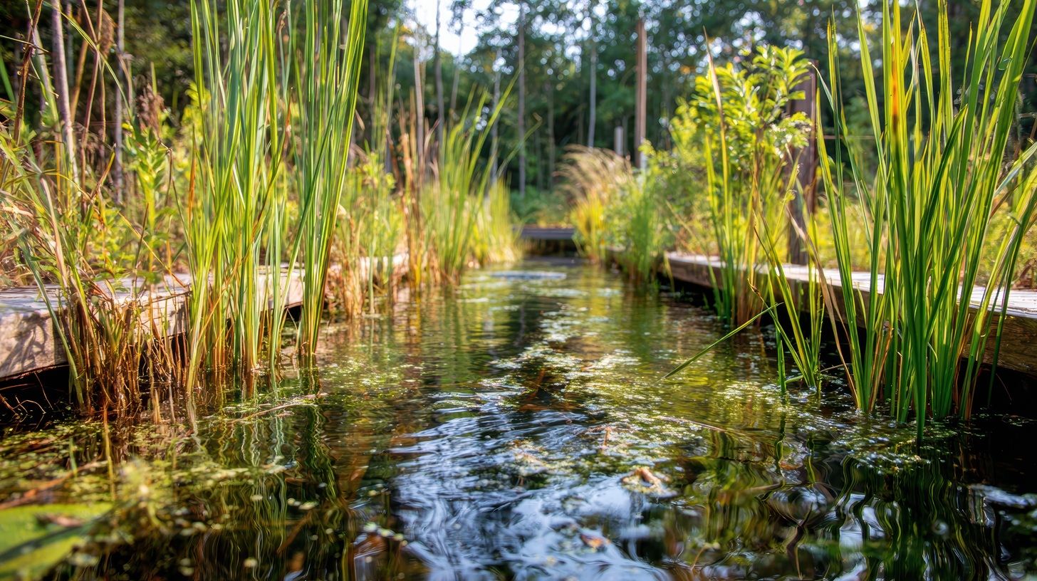 Constructed wetland treating wastewater using natural biological processes and aquatic vegetation for ecological water treatment purification and sustainable environmental sanitation system.