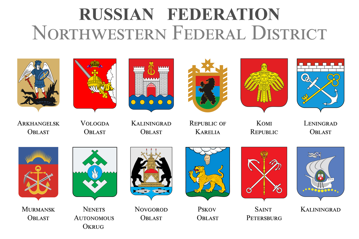 Set of flags in the state coat of arms of the Northwestern Federal District of the Russian Federation.