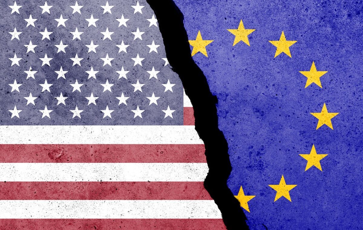 US and EU flags with a wide gap between them.